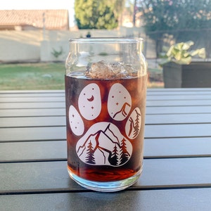 Mountain Dog Paw Glass Cup | Dog Mom Glass Cup | Dog Beer Glass Cup | Dog Soda Glass Cup | Dog Mom Cup with Bamboo Lid | Camping Glass Cup