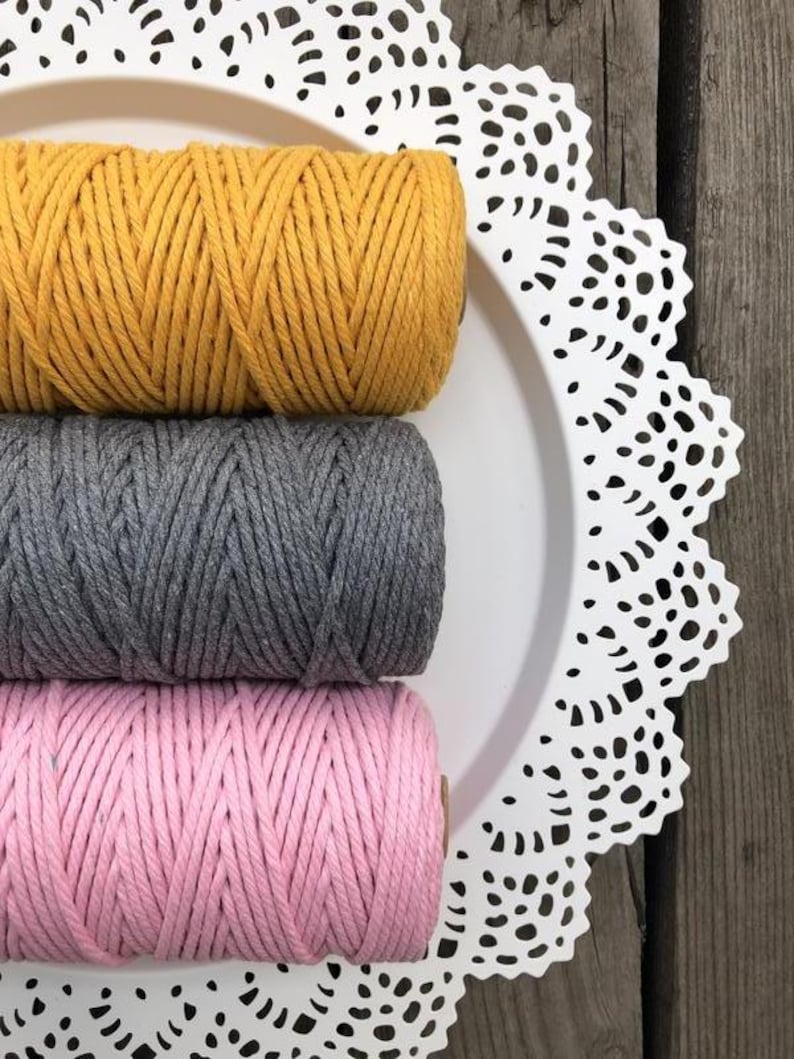 Vibrant 4mm cotton macrame cord in yellow, grey and pink colors, soft natural rope for crochet bags, baskets and wall hangings