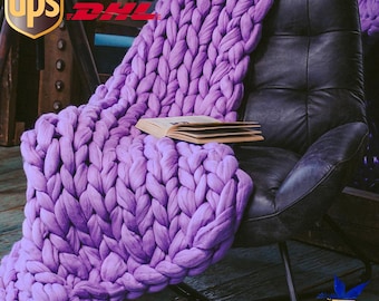 Handmade Chunky Knit Merino Wool Blanket – Cozy Throw, Home Decor