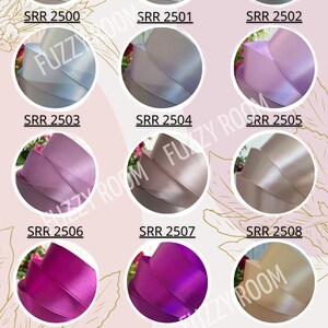 May include: Palette of 13 satin ribbon colors, including white, light blue, lavender, pink, purple, fuchsia, peach, and rose gold. Each ribbon is shown in a circular image with the color code "SRR" followed by a four-digit number.
