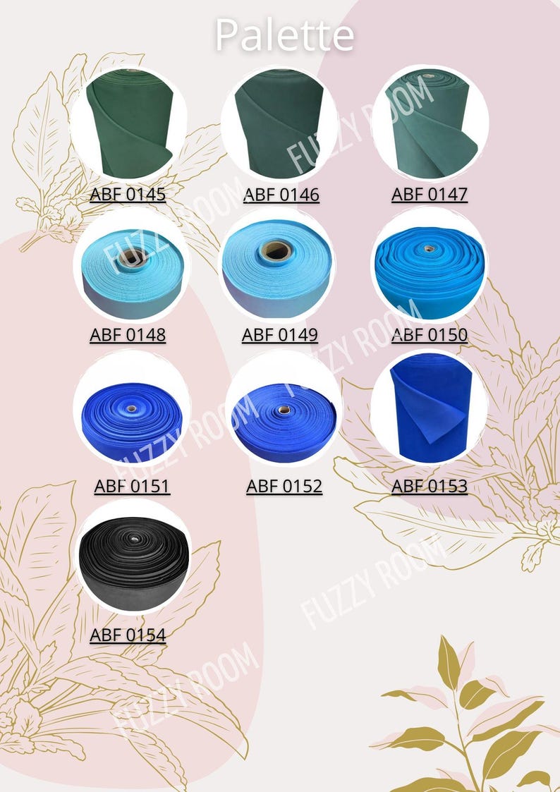 K&ouml;nnte beinhalten: Eine Farbpalette mit Stoffrollen in verschiedenen Farben, darunter Gr&uuml;n, Blau und Schwarz. Jede Rolle ist mit einem eindeutigen Code wie ABF 0145 gekennzeichnet. Das Wort "Palette" steht oben.