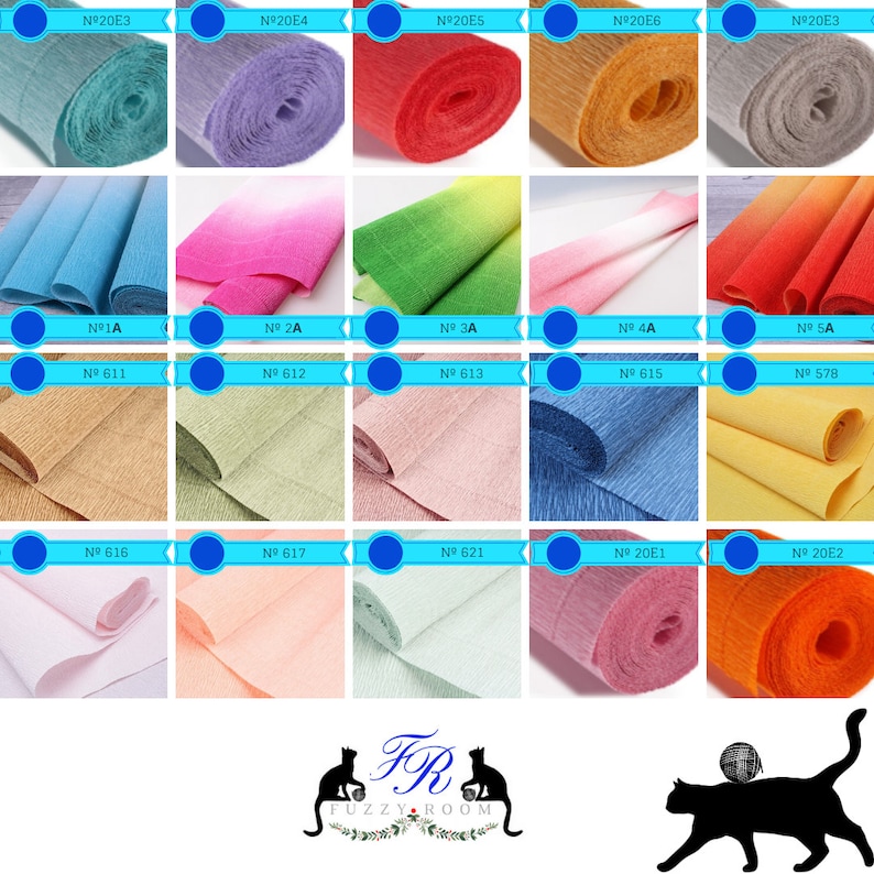 Pu&ograve; includere: Assortimento di 20 rotoli di carta crespa in vari colori, tra cui azzurro, viola, rosso, arancione, grigio, rosa, verde, bianco, giallo e pesca. I rotoli sono disposti in una griglia con il numero del prodotto e il nome del colore stampati sotto ogni rotolo.