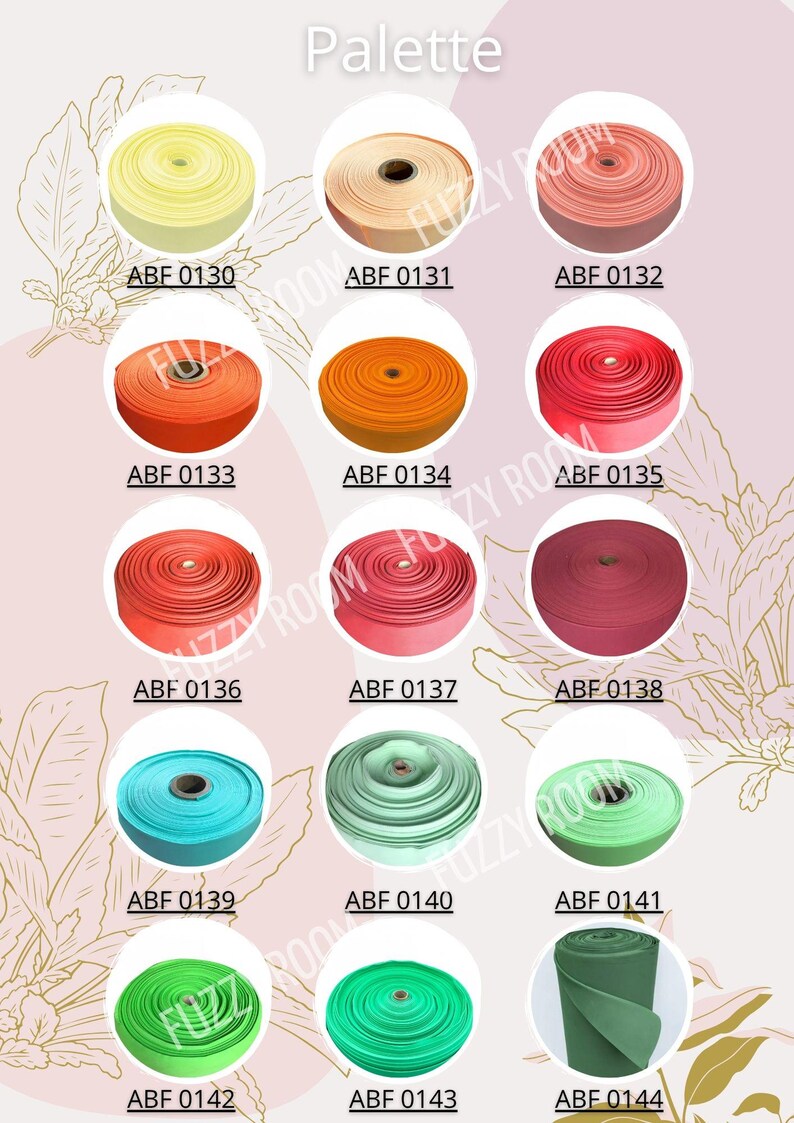 K&ouml;nnte beinhalten: Farbpalette mit Spulen aus B&auml;ndern in verschiedenen Farben, darunter Gelb, Orange, Rot, Rosa, T&uuml;rkis, Gr&uuml;n und Burgunder. Jede Spule ist mit einem eindeutigen Code versehen. Das Wort "Palette" steht oben.