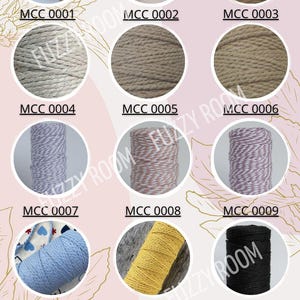 May include: A color palette of yarn spools in various colors, including beige, brown, gray, purple, yellow, blue, and black. Each spool is labeled with a unique code, such as MCC 0001. The word "Palette" is at the top.