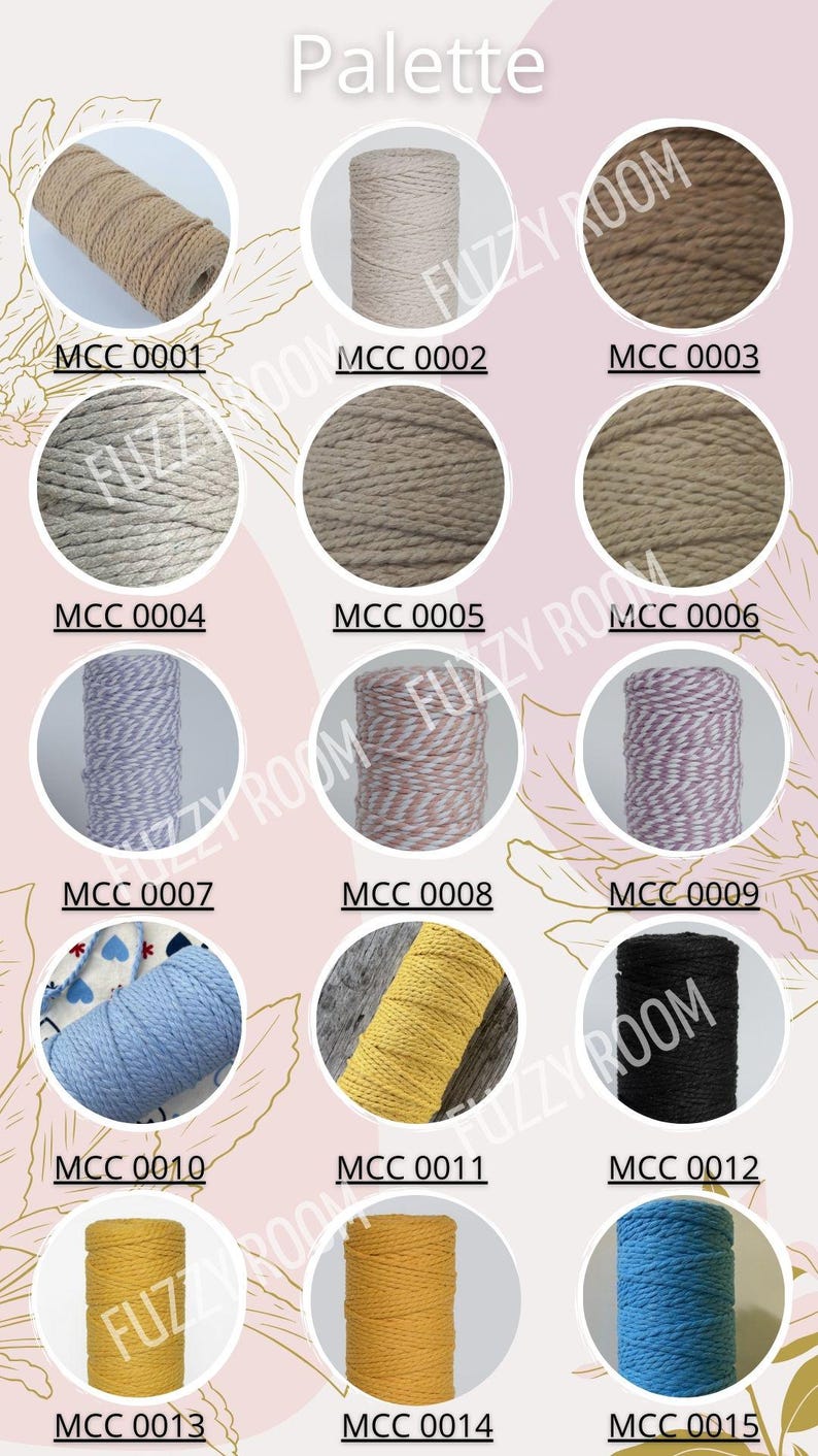 May include: A color palette of yarn spools in various colors, including beige, brown, gray, purple, yellow, blue, and black. Each spool is labeled with a unique code, such as MCC 0001. The word "Palette" is at the top.