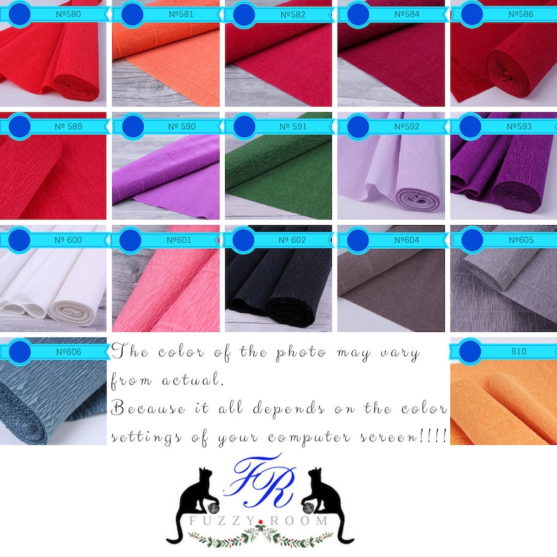 Pu&ograve; includere: Una collezione di 15 rotoli di carta crespa in vari colori, tra cui rosso, arancione, giallo, verde, blu, viola, rosa, bianco, nero e grigio. I rotoli sono disposti in una griglia su uno sfondo bianco. Il testo "Il colore della foto pu&ograve; variare dal reale. Perch&eacute; tutto dipende dalle impostazioni del colore dello schermo del tuo computer!!!" &egrave; visualizzato sotto i rotoli. Il testo "FR FUZZY ROOM" &egrave; visualizzato sotto il testo.