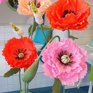 Collection of giant handmade crepe paper poppy flowers in yellow, red, white, bright pink and light pink colors, Italian crepe paper, oversized decorative flowers.