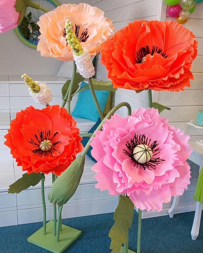 Collection of giant handmade crepe paper poppy flowers in yellow, red, white, bright pink and light pink colors, Italian crepe paper, oversized decorative flowers.