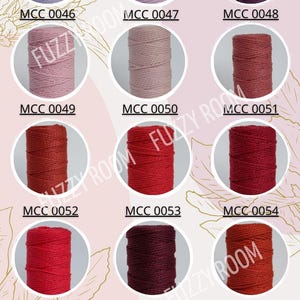 May include: A color palette of yarn spools in various shades, including lavender, pink, red, and brown. Each spool is labeled with a unique MCC code. The word "Palette" is at the top.