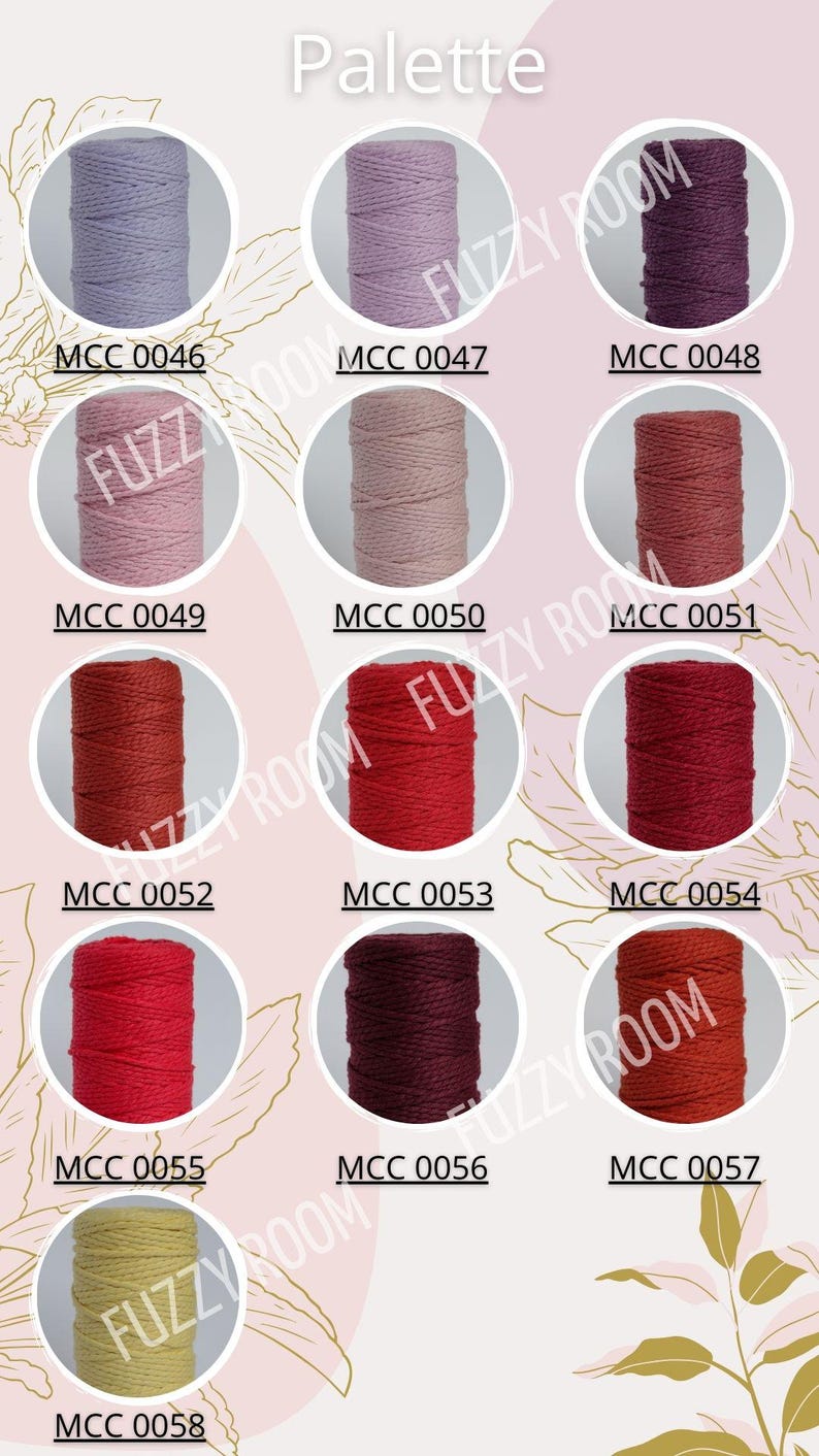 May include: A color palette of yarn spools in various shades, including lavender, pink, red, and brown. Each spool is labeled with a unique MCC code. The word "Palette" is at the top.