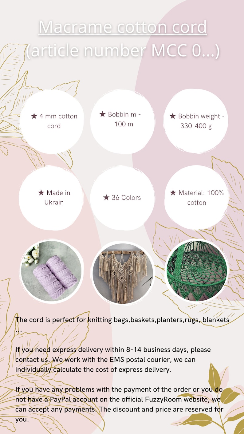 May include: Macrame cotton cord, 4 mm thick, available in 36 colors. Bobbin weight is 330-400 g, with 100 m per bobbin. Made of 100% cotton. Ideal for knitting bags, baskets, and rugs. The image shows examples of macrame projects.