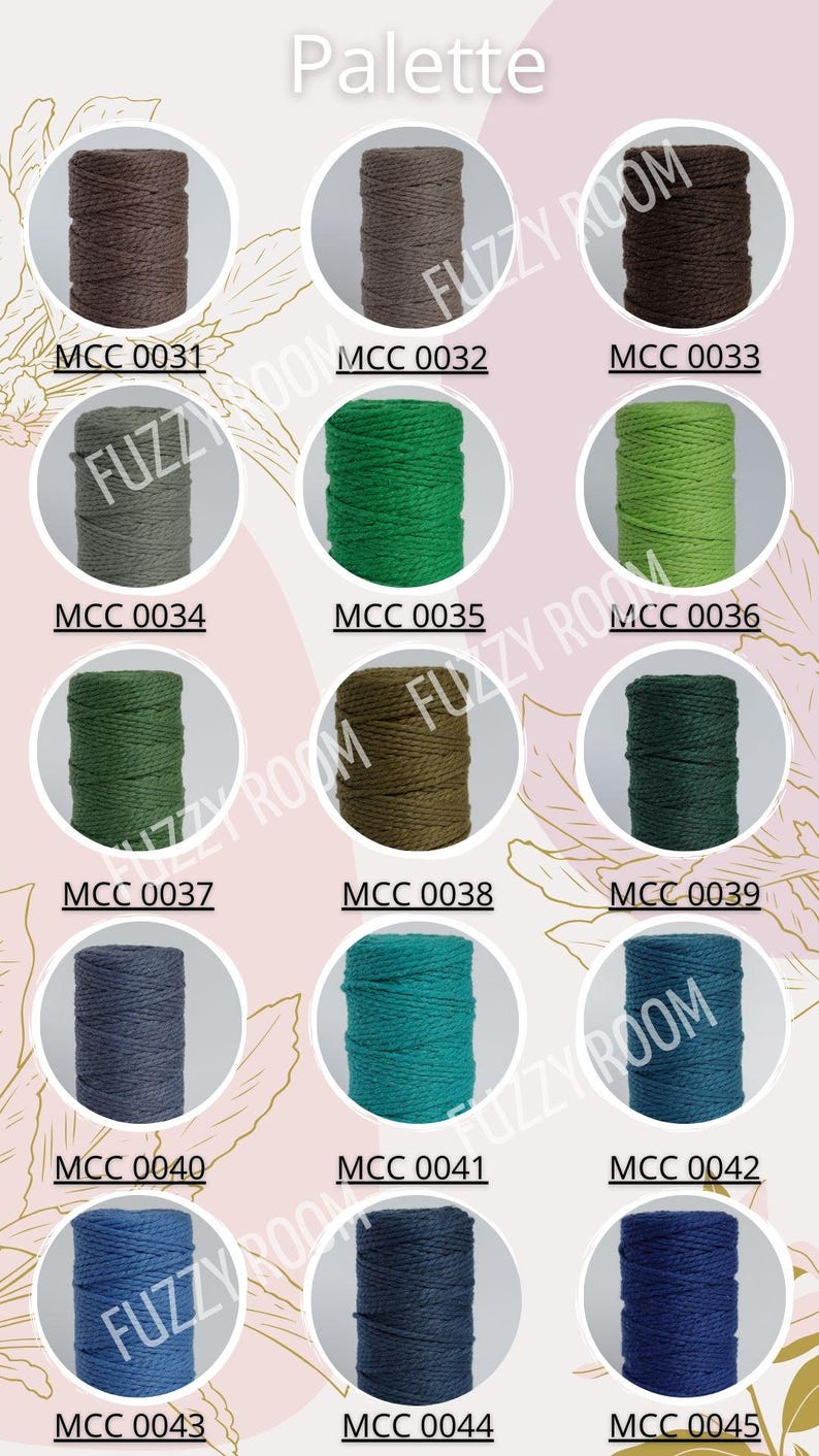 May include: A color palette of yarn samples in various shades, including brown, green, teal, and blue. Each yarn sample is labeled with a unique code, such as MCC 0031. The word "Palette" is at the top.