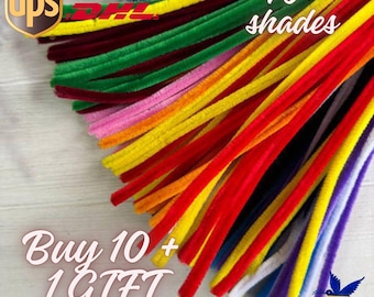 Puede incluir: Una colección de limpiapipas coloridos en varios tonos, incluyendo rojo, amarillo, verde y morado. La imagen incluye el texto "70+ tonos" y "Buy 10 + 1 GIFT".