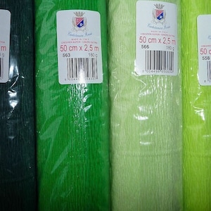 May include: Four rolls of Cartotecnica Rossi crepe paper in varying shades of green, from dark forest to bright lime. Each roll is wrapped in clear plastic and features a white label with the text 50 cm x 2.5 m, 180 g, and a barcode.