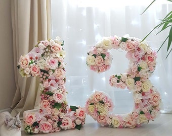 Silk flowers giant floral number on a wooden base for any number, Birthday decor, Photo prop