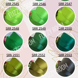 May include: A palette of 12 different colors of satin ribbon. The colors are: light green, green, lime green, dark green, olive green, gold, black, and gray. Each ribbon is labeled with a number, starting with SRR 2545 and ending with SRR 2557.