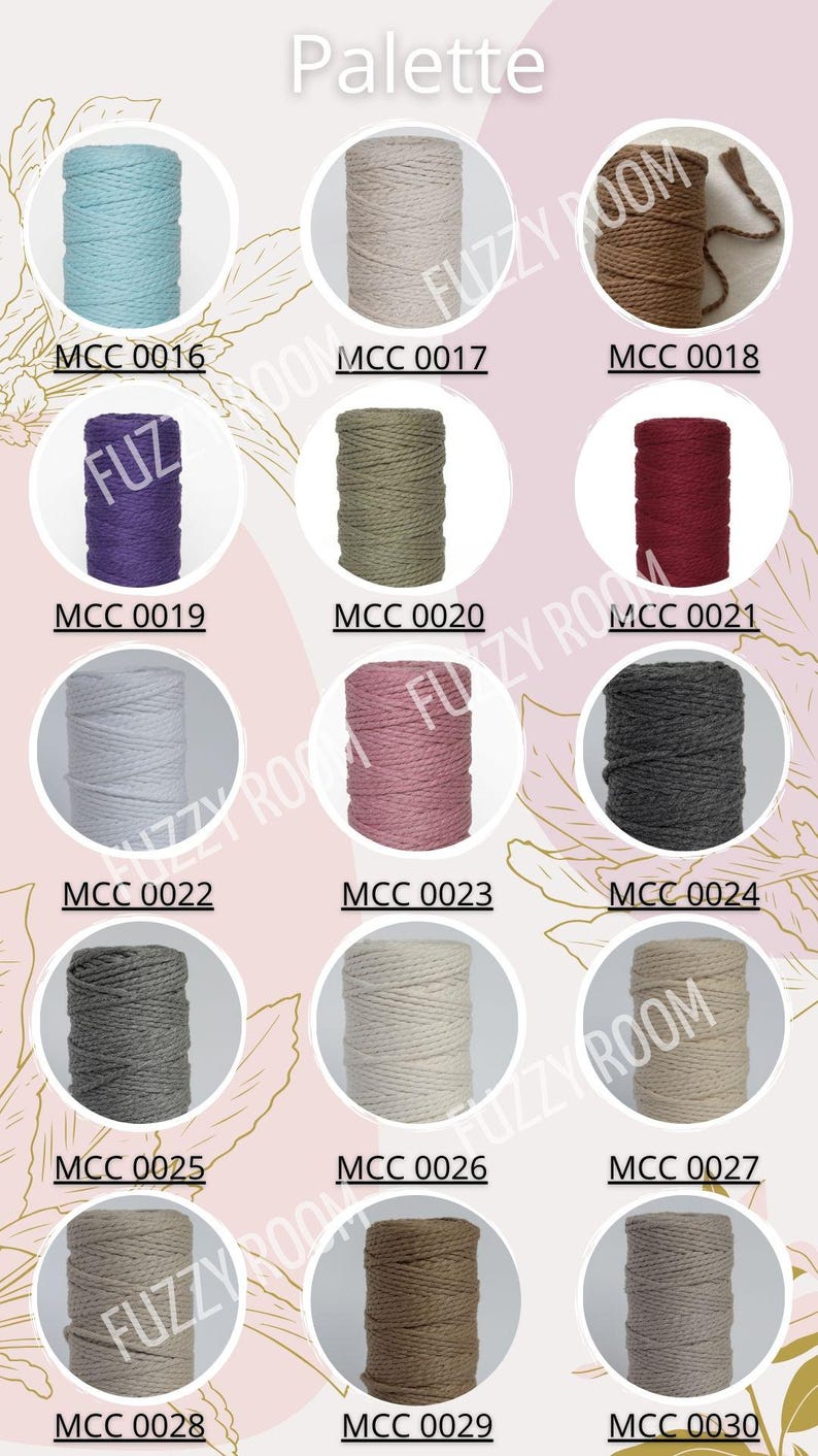 May include: A color palette of yarn spools in various colors, including teal, beige, brown, purple, olive green, burgundy, light gray, pink, dark gray, and cream. Each spool is labeled with a unique code.