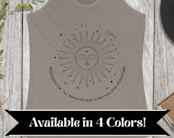 Heliophilia Celestial Sun Racerback Tank - Light Academia Sunshine Witchy Boho Hippie Aesthetic Indigo Blue Warm Grey Heather White Tank Top