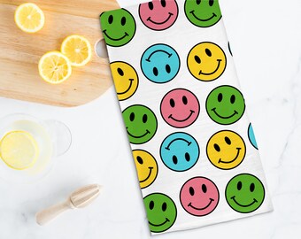 Indie Tea Towel, Smiley Face Dish Towel, Indie Room Decor Aesthetic, Kitchen Towel, Graphic Tea Towel, Aesthetic Kitchen Decor, Retro Smiley