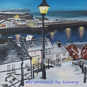 Whitby giù per le scale a Natale neve inverno notte copia della mia scena dipinta a mano su tela 16 x 12 pollici