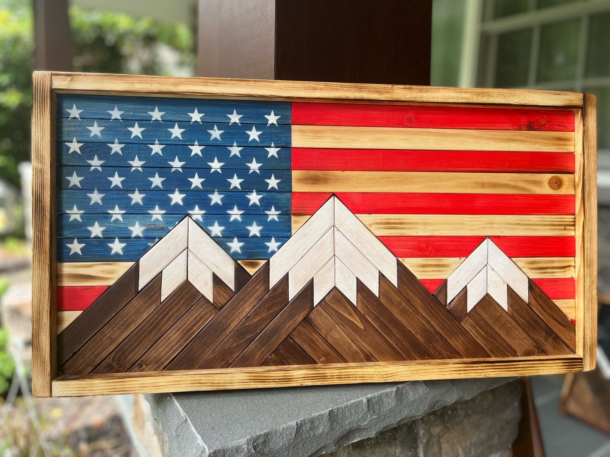 Mountain Wood Art With American Flag Etsy