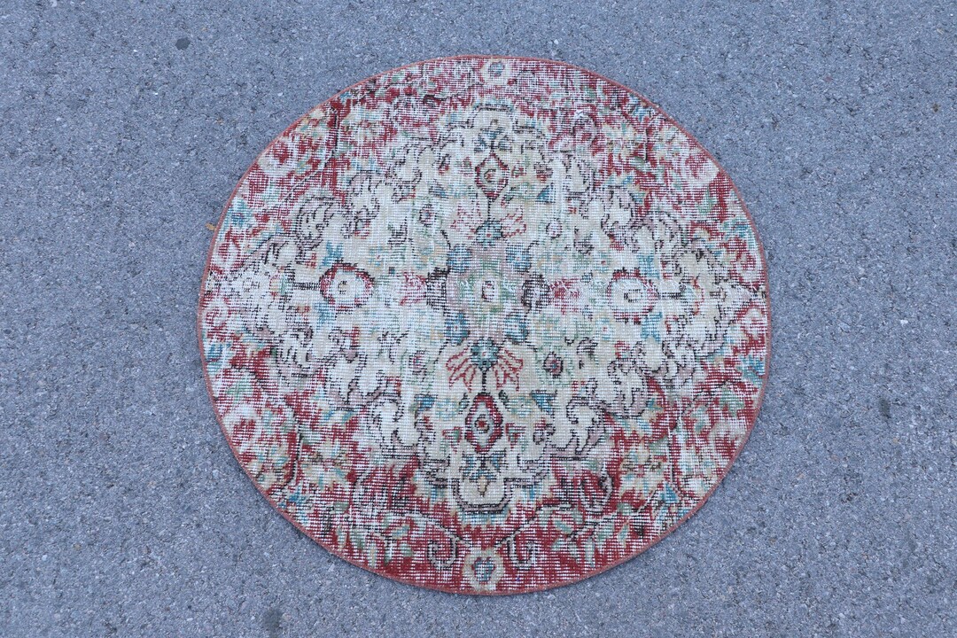 Turkish Vintage Small Rug 3x3 Ft, Red Solid Rug Wool - Etsy