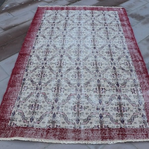 Vintage Turkish Rug, Oriental Area Rug, Handwoven Carpet, Bohemian Decor, 5x8 ft, Red and Beige Floor Rug, Rustic Living Room Rug