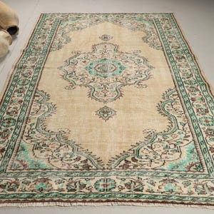 Turkish Rug, Vintage Rug, Large Home Decor Rug, 6x9ft Beige Carpet, Decorative Living Room Rug, Organic Salon Carpet