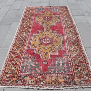 Turkish Vintage Rug, Handmade Wool Carpet, Red and Yellow Rug, 4x8ft, Anatolian Decor, Turkish Runner