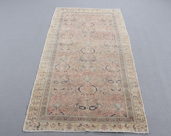 May include: A rectangular area rug featuring a faded salmon pink central field adorned with intricate floral motifs and dark blue paisley patterns. The rug is framed by a wide, beige border decorated with repeating geometric and botanical designs.