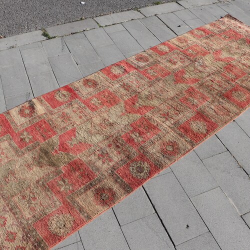 Runner Rug, Turkish Rug, 9.5'x3.3', Vintage Rug, Antique Rug, Hallway Rug, Handmade Rug, Red Rug, Faded Rug, Stair Rug, Wool Rug, Pale, 959 shops