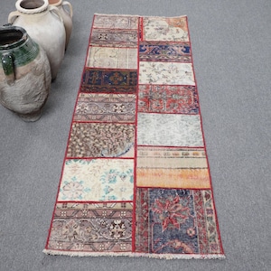 Turkish Runner Rug 2.3x6 ft, Red Animal Print Vintage Wool Rug