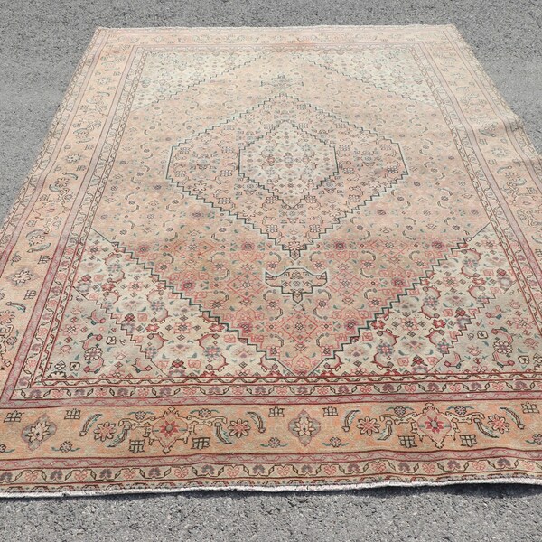 Distressed Rug, Turkish Rug, 9.6x6.6 feet, Oushak Rug, Living Room Rug,Oriental Rug, Antique Rug, Vintage Rug, Organic Rug, Large Rug  4408