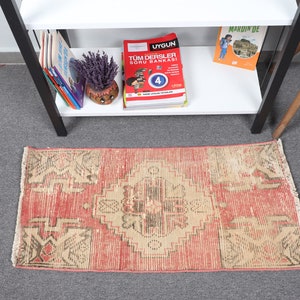 Turkish Rug, Vintage Rug, Small Rugs, Faded Oushak Rug, Rugs For Bathroom, 1.4x2.8 ft Red Rug, Wool Anatolian Rugs, Small Entry Rug,  10180