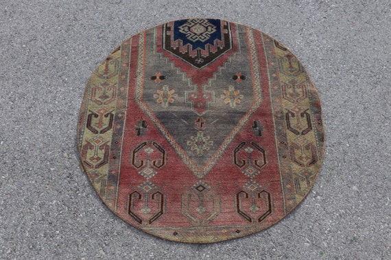 PR-5355 Vintage Rug Door Mat 3.3x3.3 feet Organic Rug Round Rug Entry Rug Oushak Rug Turkish Rug Antique Rug Small Rug Circle Rug