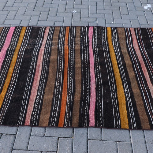 Turkish Kilim, shops Vintage Kilim, Area Kilim, Oushak Kilim, 48x102 inches Black Kilim, Outdoor Kilim, Indoor Kilim, 7737
