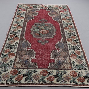 Alfombra vintage de 4,4 x 7,2 pies, alfombra turca, alfombra lisa roja y verde.