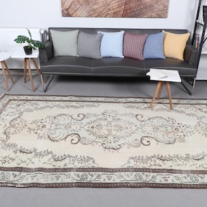 Vintage Turkish Area Rug, Beige and Brown Floral Design, 5x9ft, Elegant Home Decor, Traditional Turkish Carpet, Boho Living Room Rug