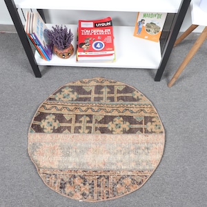 Turkish Rug, Vintage Rug, Small Rug, Round Rug, Rugs For Bathroom, 2.2x2.2 ft Brown Rug, Patchwork Rug, Wool Rug, Vintage Decor,  10115