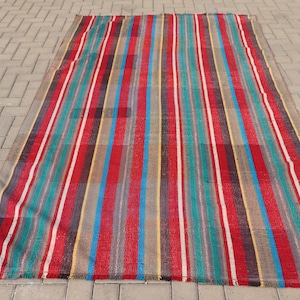 Vintage Turkse kelim, kleurrijke gestreepte kelim, groot tapijt, woondecoratietapijt, 5 x 9 ft Turks tapijt, kelim woonkamer