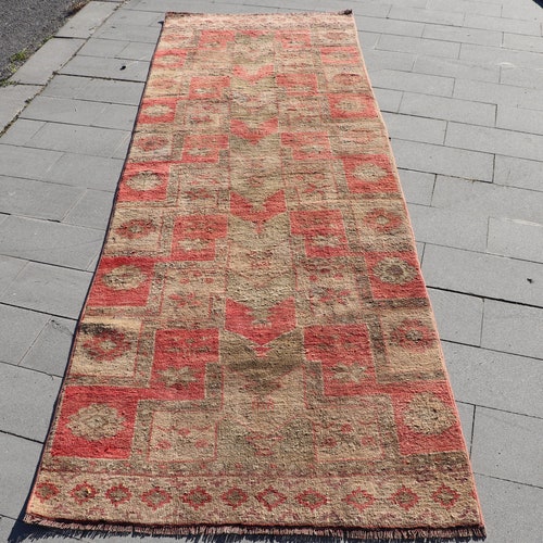 Runner Rug, Turkish Rug, 9.5'x3.3', Vintage Rug, Antique Rug, Hallway Rug, Handmade Rug, Red Rug, Faded Rug, Stair Rug, Wool Rug, Pale, 959 shops
