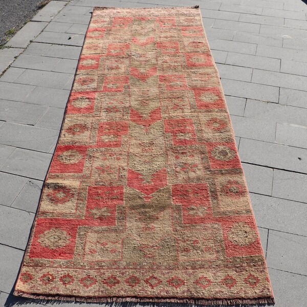 Vintage Rug, 3.3x9.5 ft Runner Rug, Oushak Rugs, Turkish Rug, Red Wool Rug, Decorative Hallway Rug, Rugs For Corridor, Handmade Kitchen Rug
