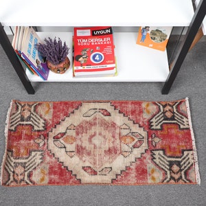 Vintage Rug, Small Rug, Turkish Rug, Faded Oushak Rug, Rugs For Bathroom, 1.3x2.8 ft Red Rug, Door Mat Rug, Floor Rugs, Gift For Her,  10250