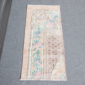 Turkish Vintage Rug, Small 1.4x3.2 ft (42x96 cm) Rug, Pink Wool Rug