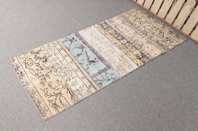 Turkish Rug Small Turkish Rug, 2.3x5.2 Ft Small Vintage Rug, Oushak Blue Brown Patchwork ...