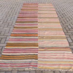 Vintage Turkish Kilim, Striped Runner Kilim, Oushak 5x13ft, Outdoor Corridor Rug, Beige Handmade Kilim Rugs