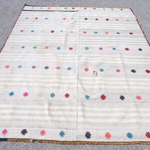 Turks vloerkleed, kleurrijke geometrische patronen, 6 x 7 ft gestreept handgeweven tapijt, vintage decor