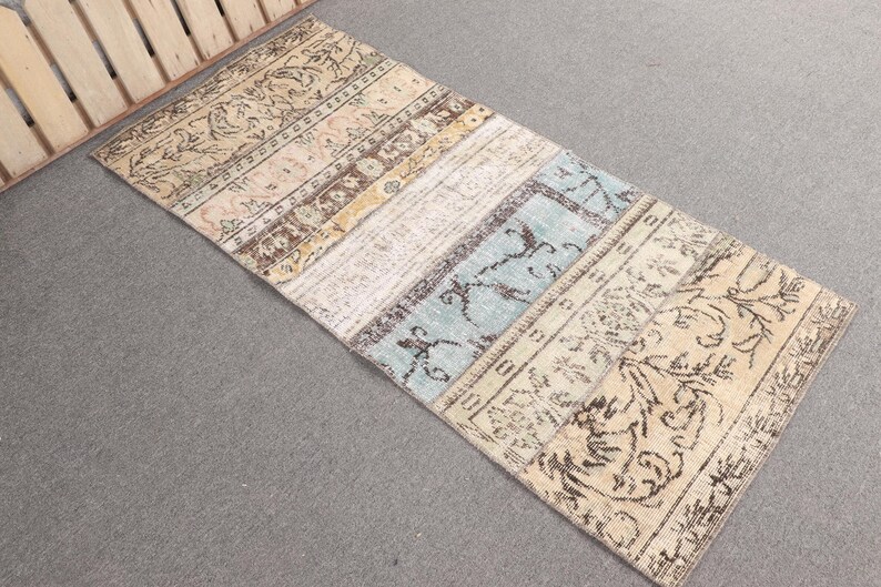 Turkish Rug Small Turkish Rug, 2.3x5.2 Ft Small Vintage Rug, Oushak Blue Brown Patchwork ...