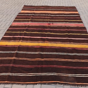 Vintage Turkish Kilim, Striped Brown Kilim, 6x11ft Large Kilim, Bohemian Decor, Handmade Wool Rug, Antique Style Kilim