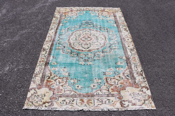 Turquoise Rug, Vintage Rug, 7.7'x4.7', Area Rug, Salon Rug, Turkish Rug, Oushak Rug, Handmade Rug, Wool Rug, Unique Rug, Oriental Rug, 2525